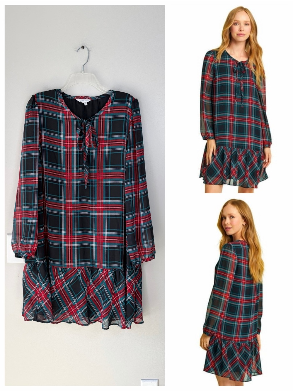 Draper James Rosanne Tartan Plaid Holiday Flowy Long Sleeve Shift Dress